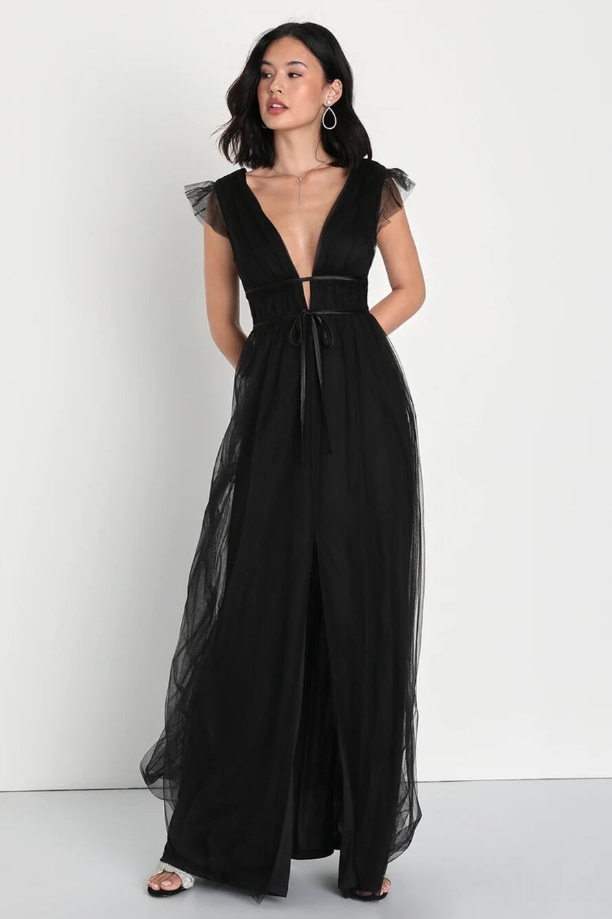 NWT Lulus I'm All Yours Black Tulle Ruffled Maxi Dress Debut Wedding Size XS